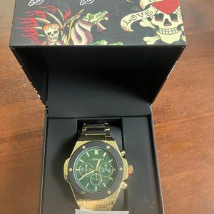 ED HARDY MEN'S WATCH GOLD & BLACK METAL BRACELET